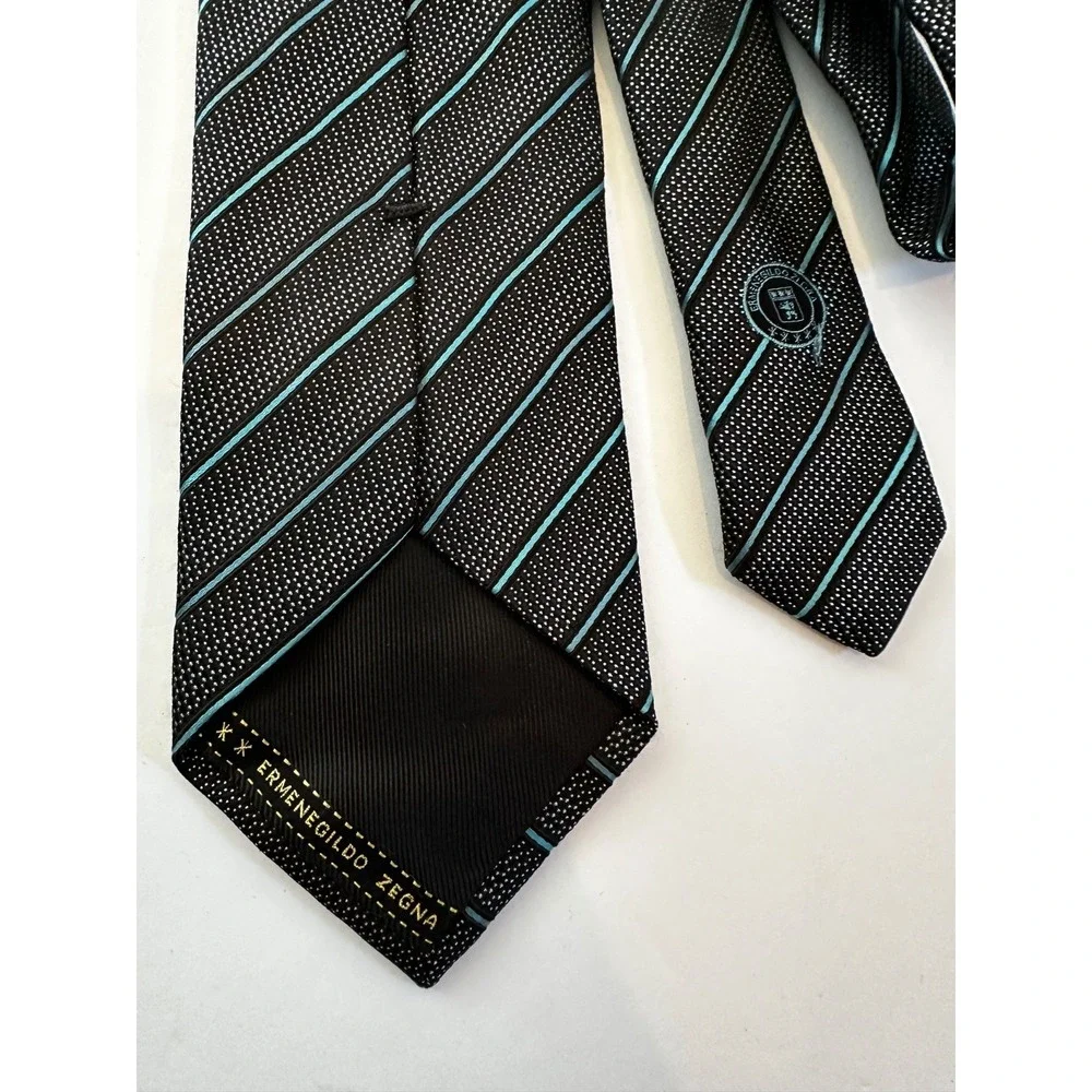 Ermenegildo Zegna Neck Tie 100% Silk Dots Stripes Black Blue White Italy Set